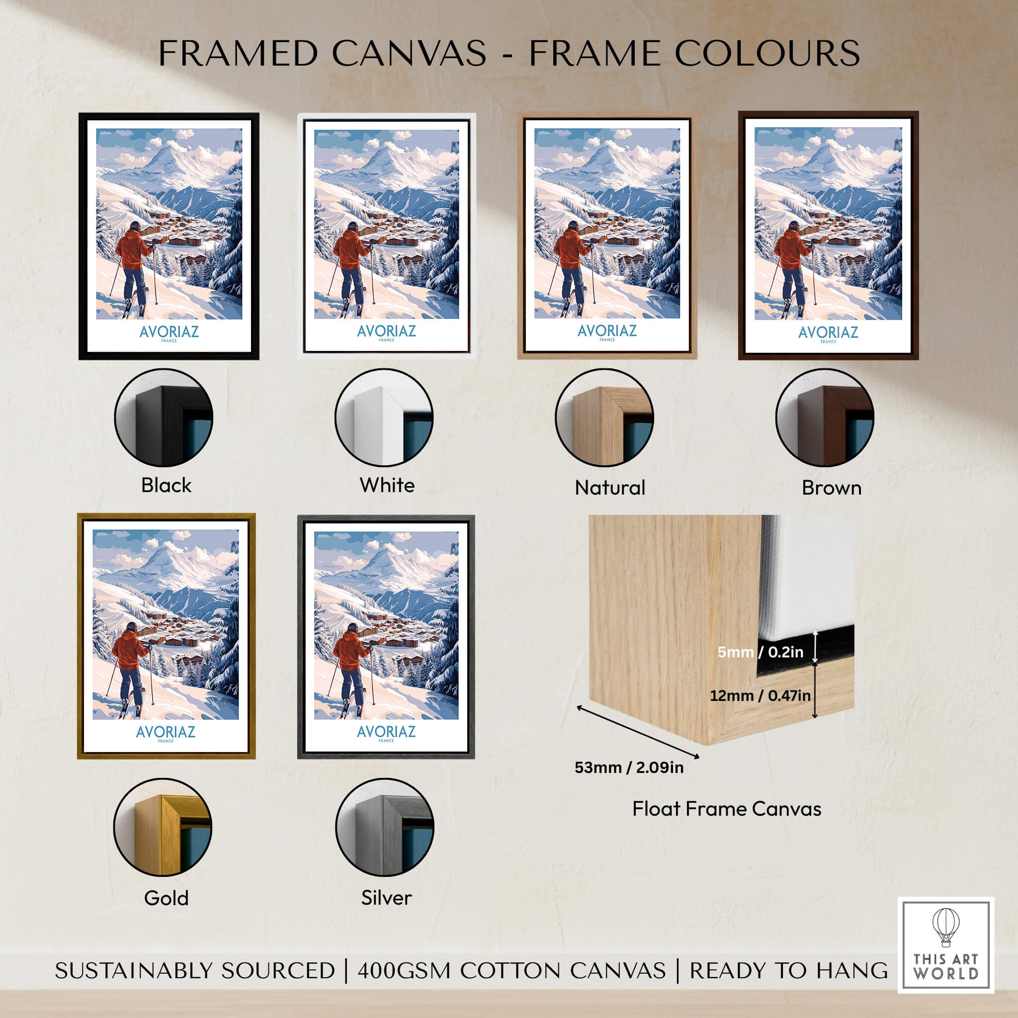 Framed Avoriaz France Ski Chalet Village Art Print | Alpine Skiing Poster in various frame colors options.