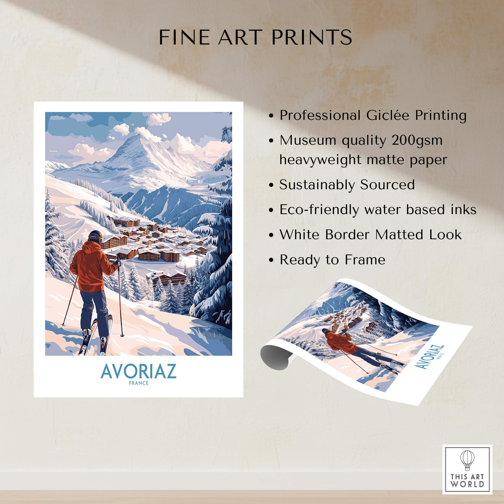 Avoriaz France Ski Chalet Village Art Print | Alpine Skiing Poster showcasing a winter scene in the French Alps.