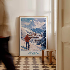 Avoriaz France Ski Chalet Village Art Print | Alpine Skiing Poster displayed in a cozy interior setting.