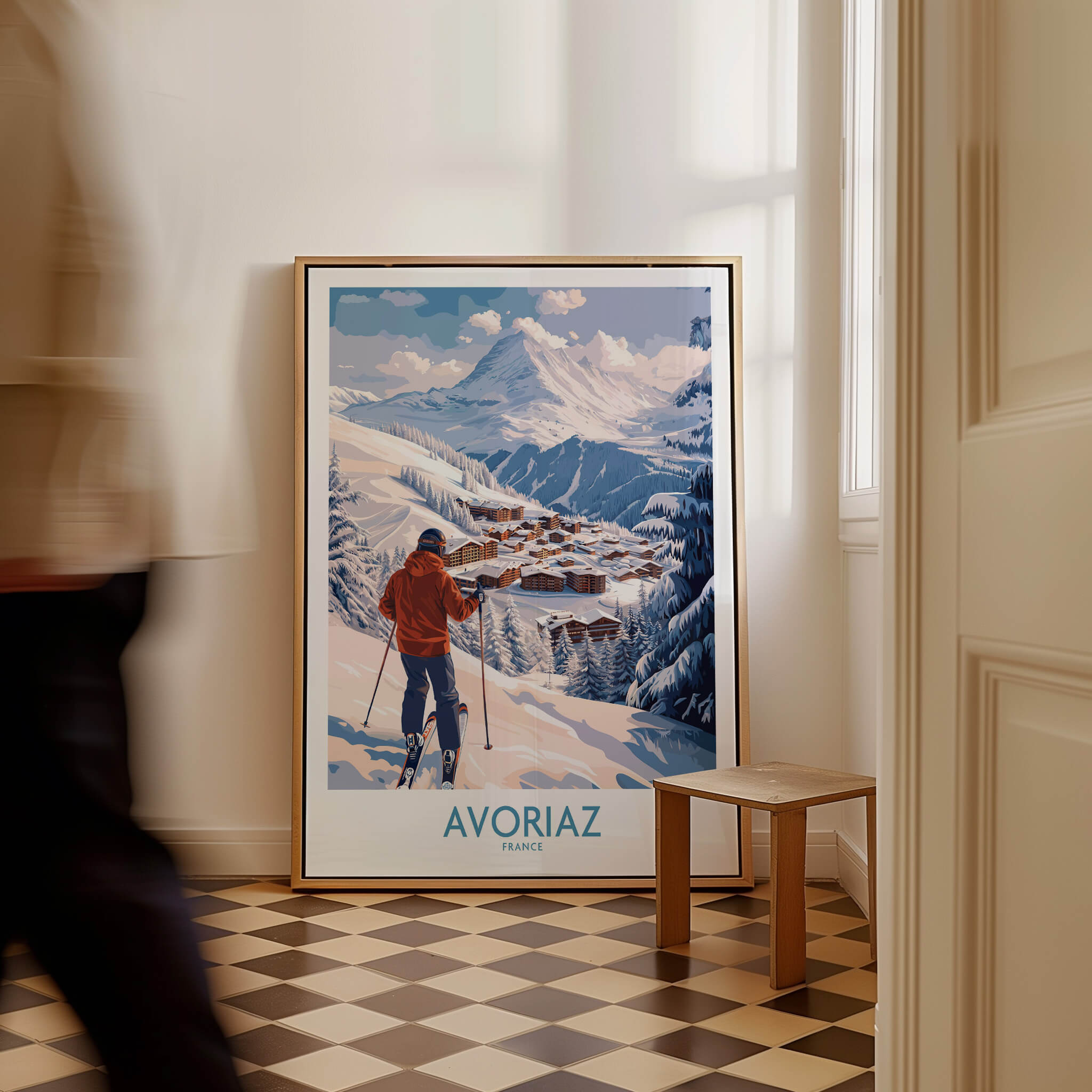 Avoriaz France Ski Chalet Village Art Print | Alpine Skiing Poster displayed in a cozy interior setting.
