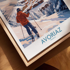 Avoriaz France Ski Chalet Village Art Print | Alpine Skiing Poster featuring a skier overlooking the snowy landscape.