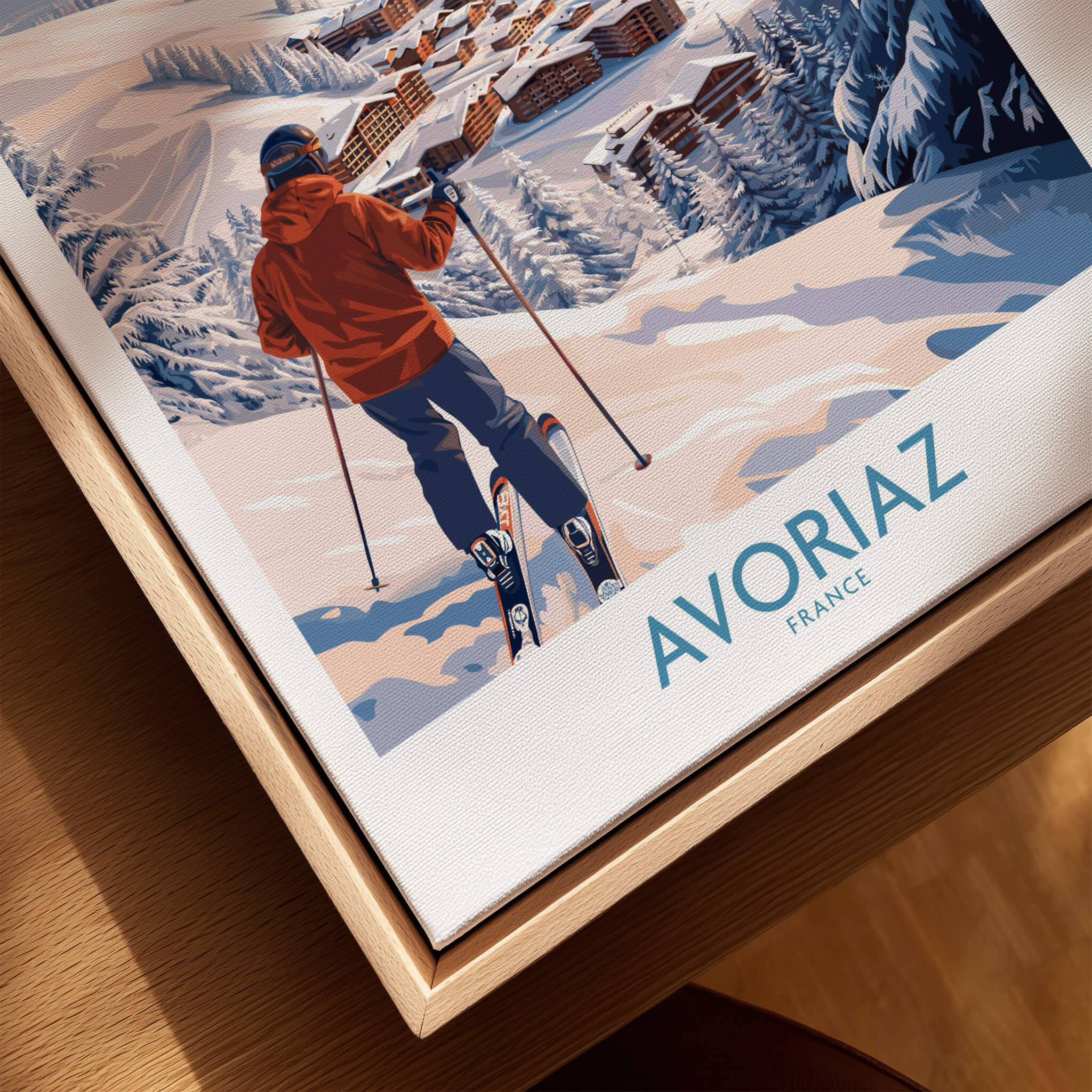 Avoriaz France Ski Chalet Village Art Print | Alpine Skiing Poster featuring a skier overlooking the snowy landscape.