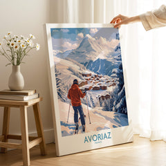 Avoriaz France Ski Chalet Village Art Print | Alpine Skiing Poster showcasing a skier in the picturesque French Alps.