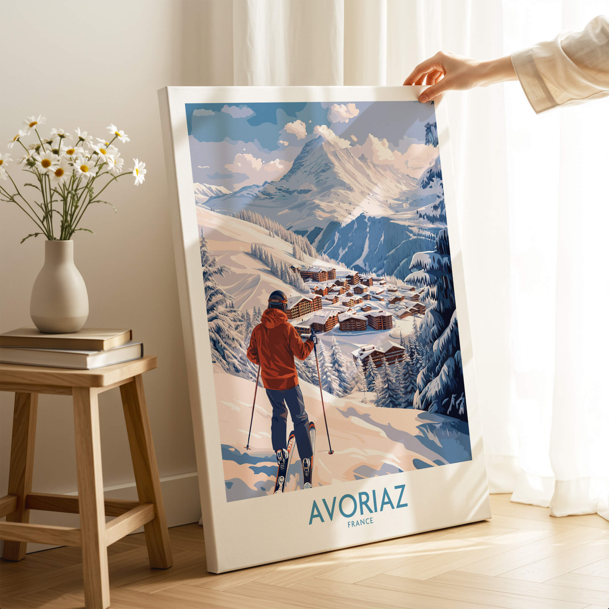 Avoriaz France Ski Chalet Village Art Print | Alpine Skiing Poster showcasing a skier in the picturesque French Alps.