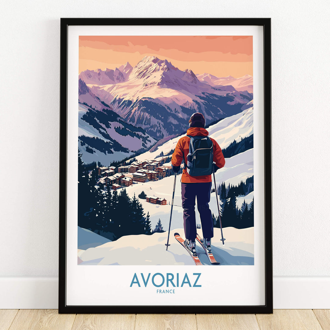 Avoriaz France Ski Art Print | Alps Village Poster featuring a skier overlooking a snow-covered village in the French Alps.