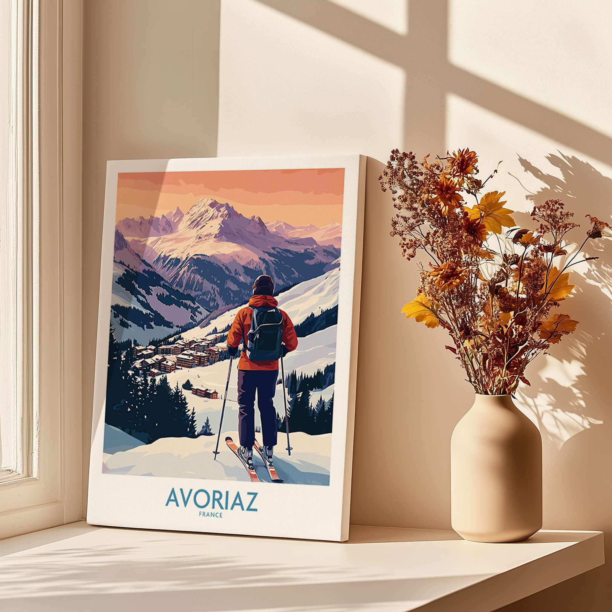 Avoriaz France Ski Art Print | Alps Village Poster featuring a skier looking over snow-capped mountains and a cozy alpine village