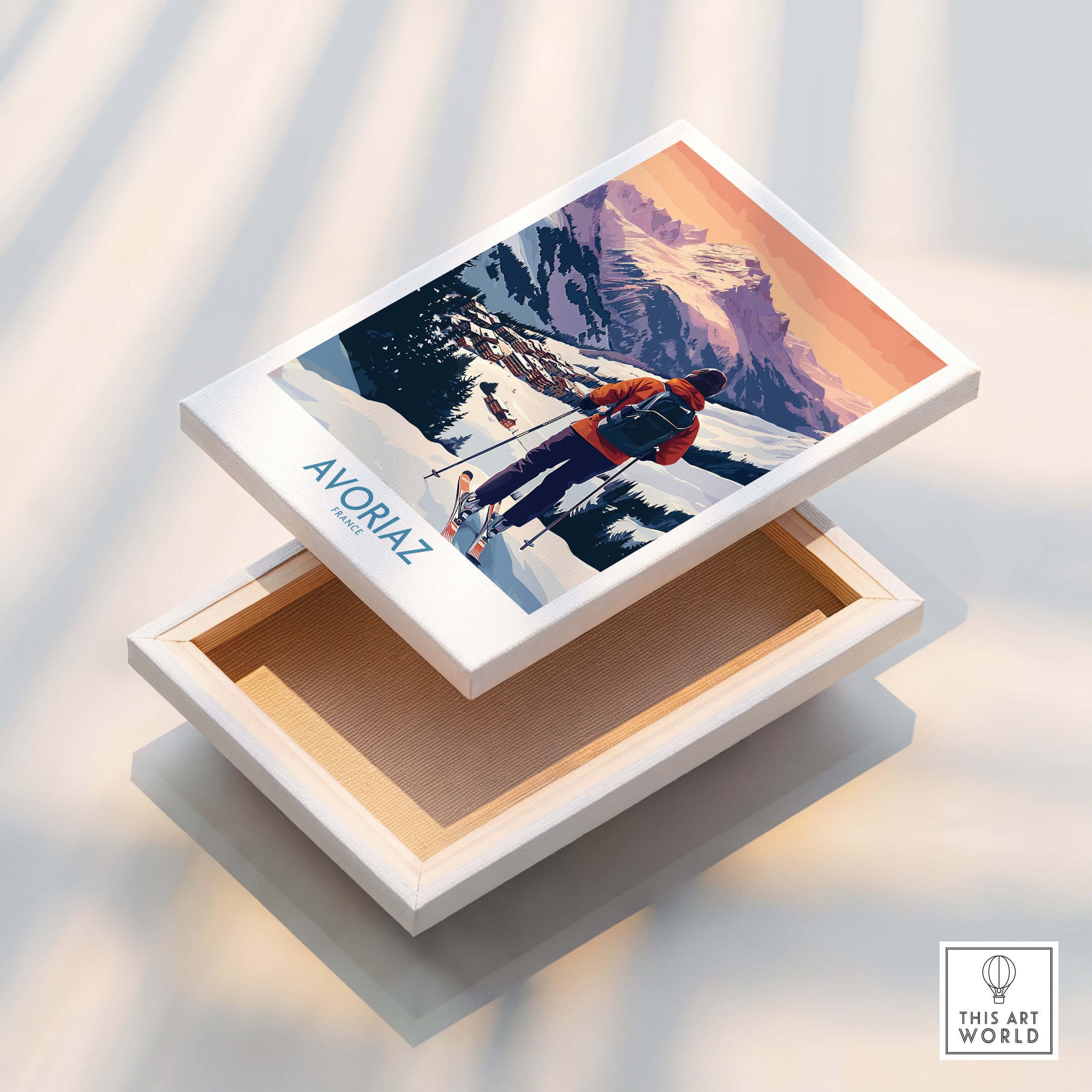 Avoriaz France Ski Art Print | Alps Village Poster featuring a skier in the French Alps.