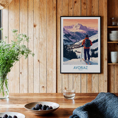 Avoriaz France Ski Art Print | Alps Village Poster showcased on a wooden wall with a cozy interior.