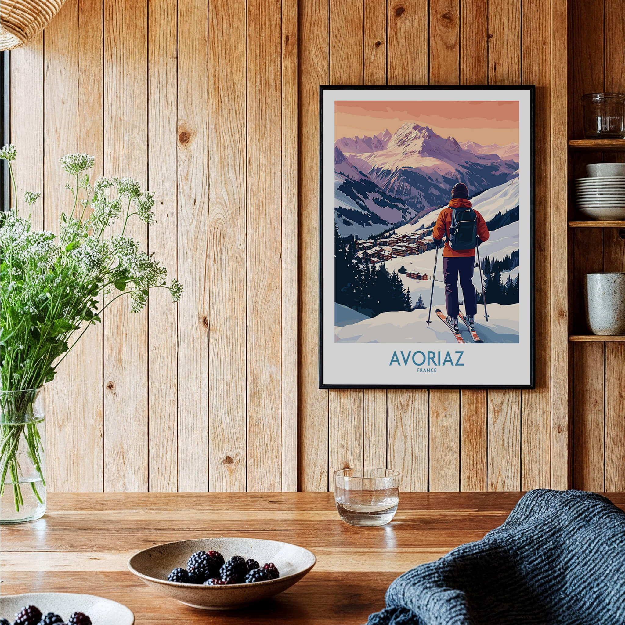 Avoriaz France Ski Art Print | Alps Village Poster showcased on a wooden wall with a cozy interior.