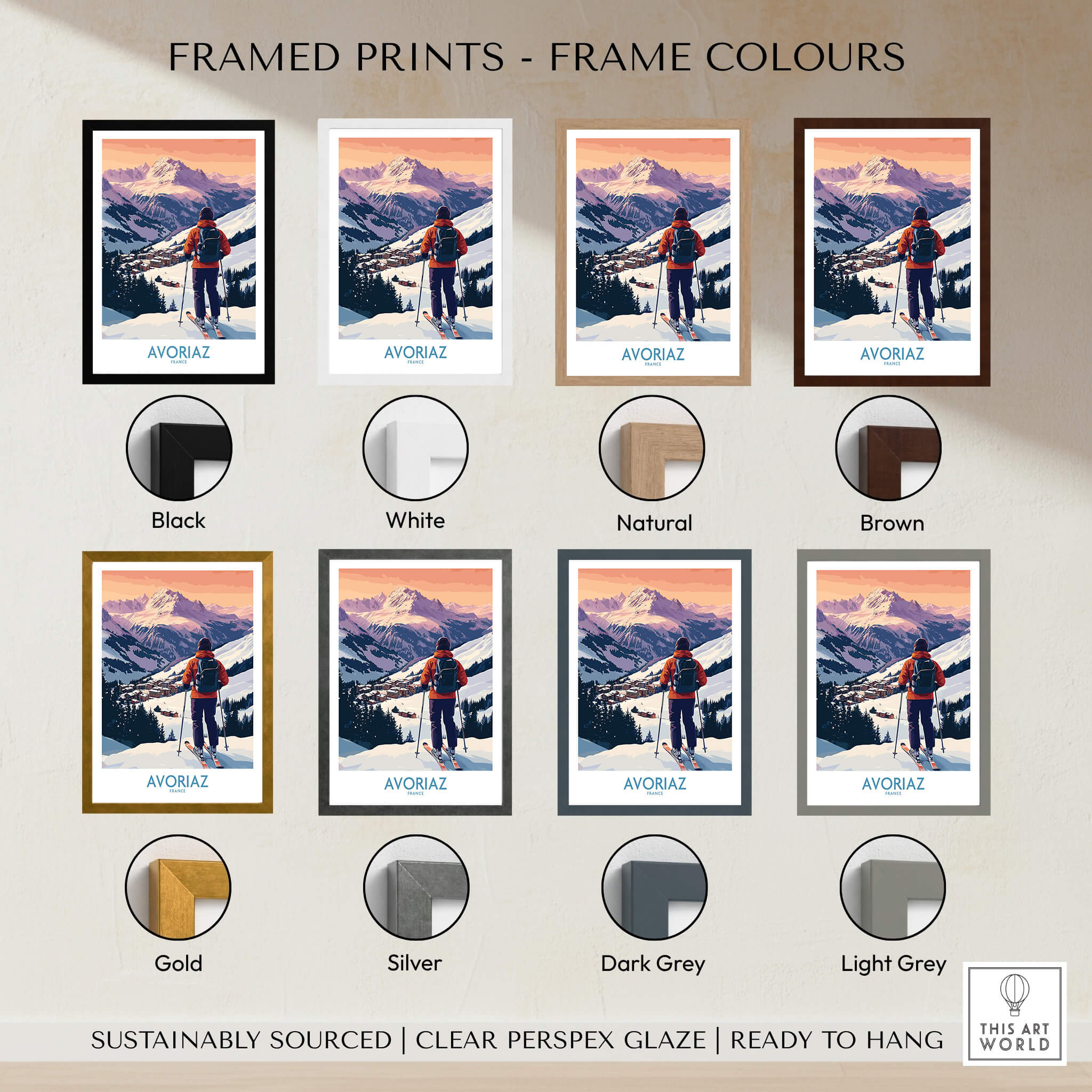 Framed prints options for Avoriaz France Ski Art Print | Alps Village Poster in various frame colors.