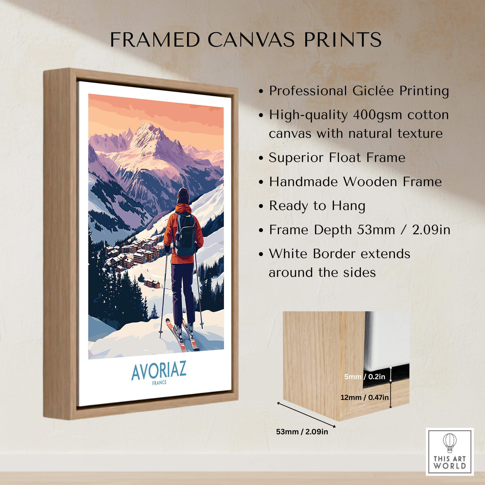 Avoriaz France Ski Art Print | Alps Village Poster displayed in a framed canvas design.