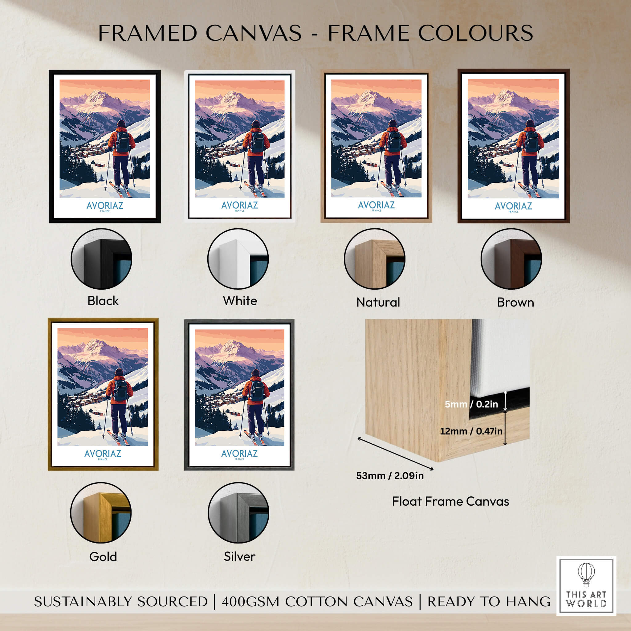 Framed canvas options and colors for Avoriaz France Ski Art Print | Alps Village Poster display