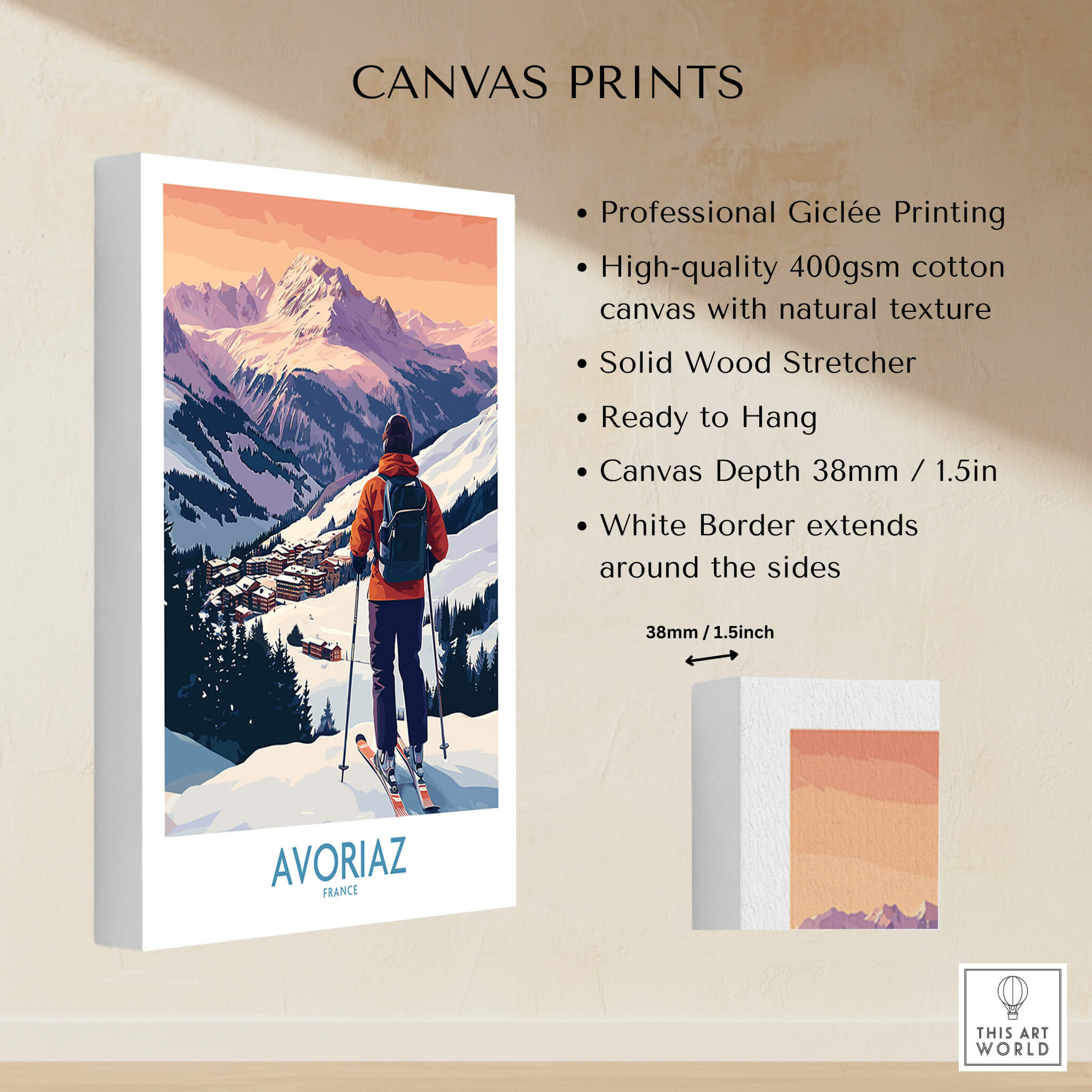 Avoriaz France Ski Art Print | Alps Village Poster featuring a skier in the French Alps.