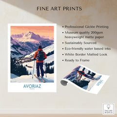 Avoriaz France Ski Art Print | Alps Village Poster showcasing a skier amidst snow-capped mountains.