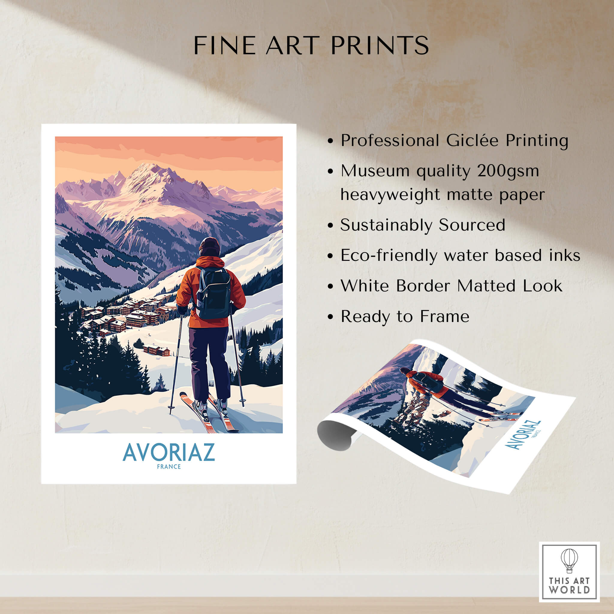 Avoriaz France Ski Art Print | Alps Village Poster showcasing a skier amidst snow-capped mountains.