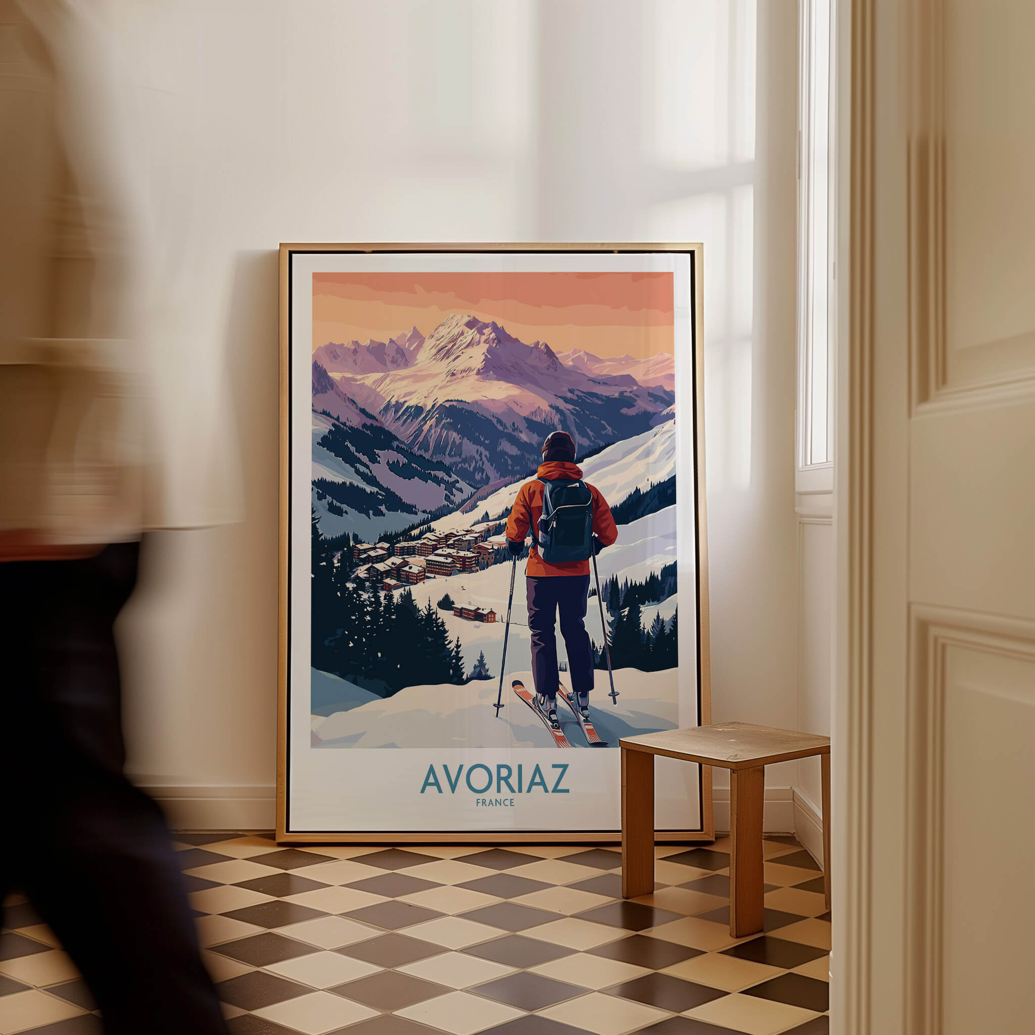 Avoriaz France Ski Art Print | Alps Village Poster displayed in a home interior with skiing scene and mountain backdrop.