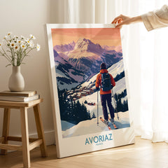 Avoriaz France Ski Art Print | Alps Village Poster featuring a skier overlooking snowy mountains and a village.