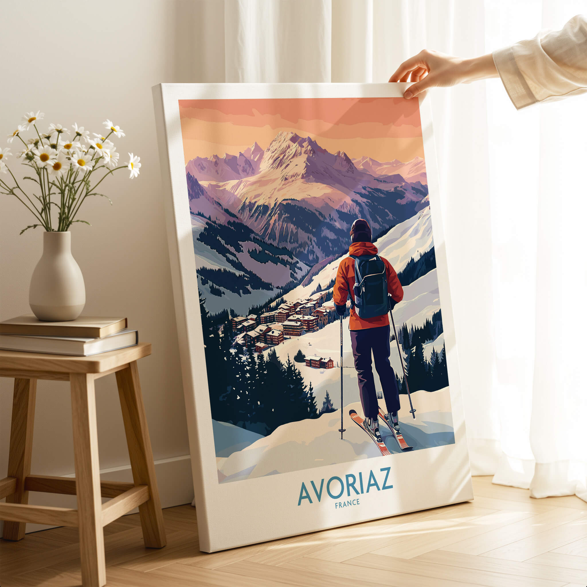 Avoriaz France Ski Art Print | Alps Village Poster featuring a skier overlooking snowy mountains and a village.