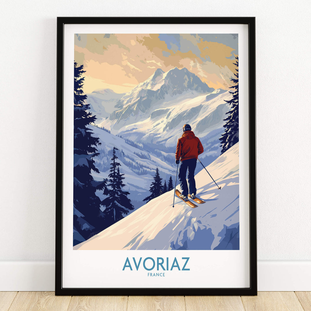 Avoriaz Ski Poster France showcasing a skier on a snowy slope in the French Alps.