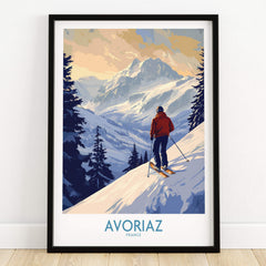 Avoriaz Ski Poster France showcasing a skier on a snowy slope in the French Alps.