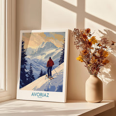 Avoriaz Ski Poster France showcasing a skier on a picturesque snowy slope in the French Alps.