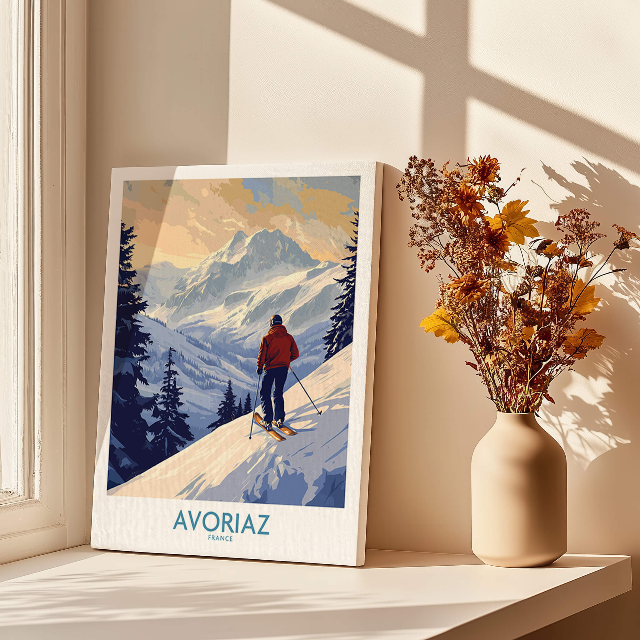 Avoriaz Ski Poster France showcasing a skier on a picturesque snowy slope in the French Alps.