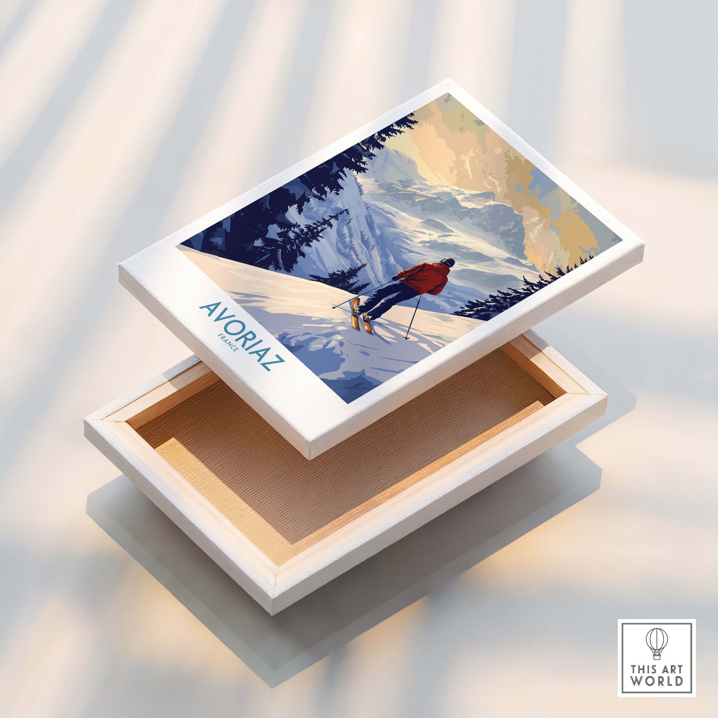 Avoriaz Ski Poster France artwork displayed on a wooden box, showcasing winter sports and alpine scenery.