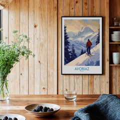 Avoriaz Ski Poster France showcasing a skier on snowy slopes in the French Alps, perfect for winter sports enthusiasts.