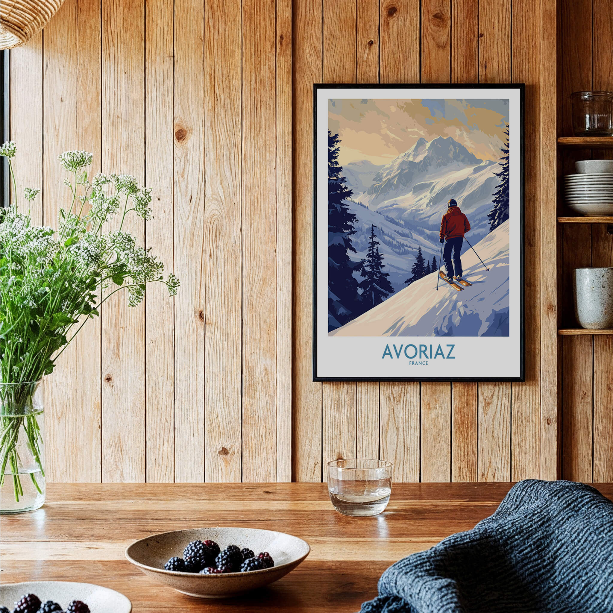 Avoriaz Ski Poster France showcasing a skier on snowy slopes in the French Alps, perfect for winter sports enthusiasts.