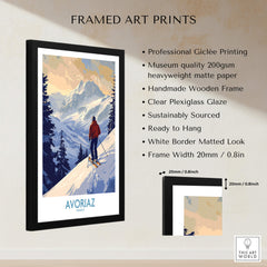 Avoriaz Ski Poster France framed art print featuring vibrant alpine scenery and ski enthusiast.
