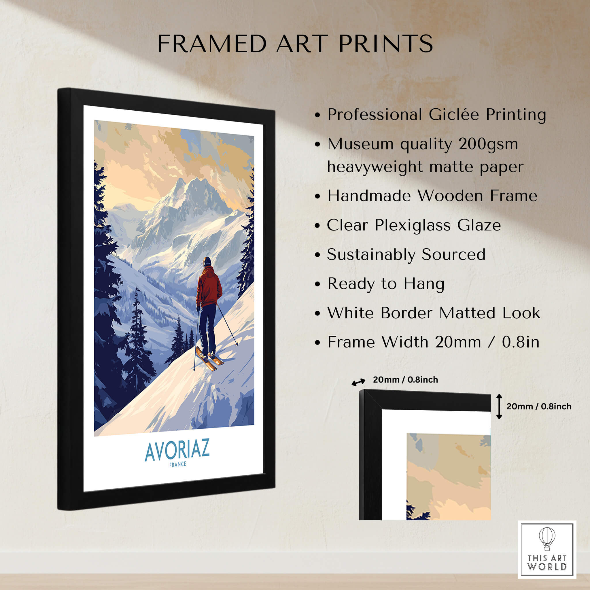 Avoriaz Ski Poster France framed art print featuring vibrant alpine scenery and ski enthusiast.