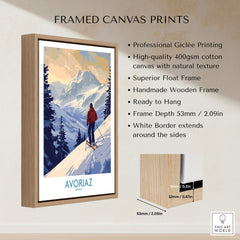 Avoriaz Ski Poster France showcasing a skier framed in a wooden float frame depicting the French Alps.