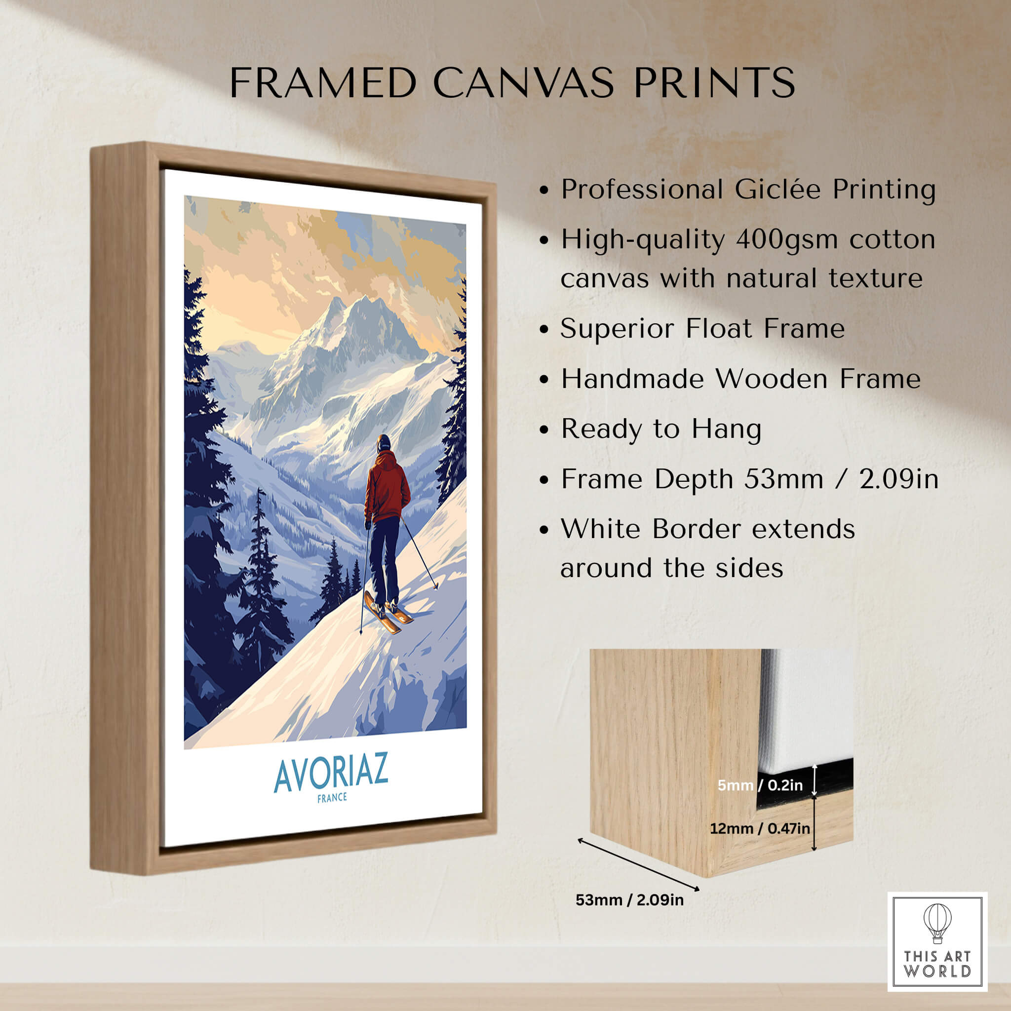 Avoriaz Ski Poster France showcasing a skier framed in a wooden float frame depicting the French Alps.