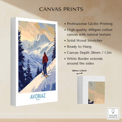 Avoriaz Ski Poster France, a high-quality canvas print showcasing a skier in the French Alps with vibrant colors and detailed design.