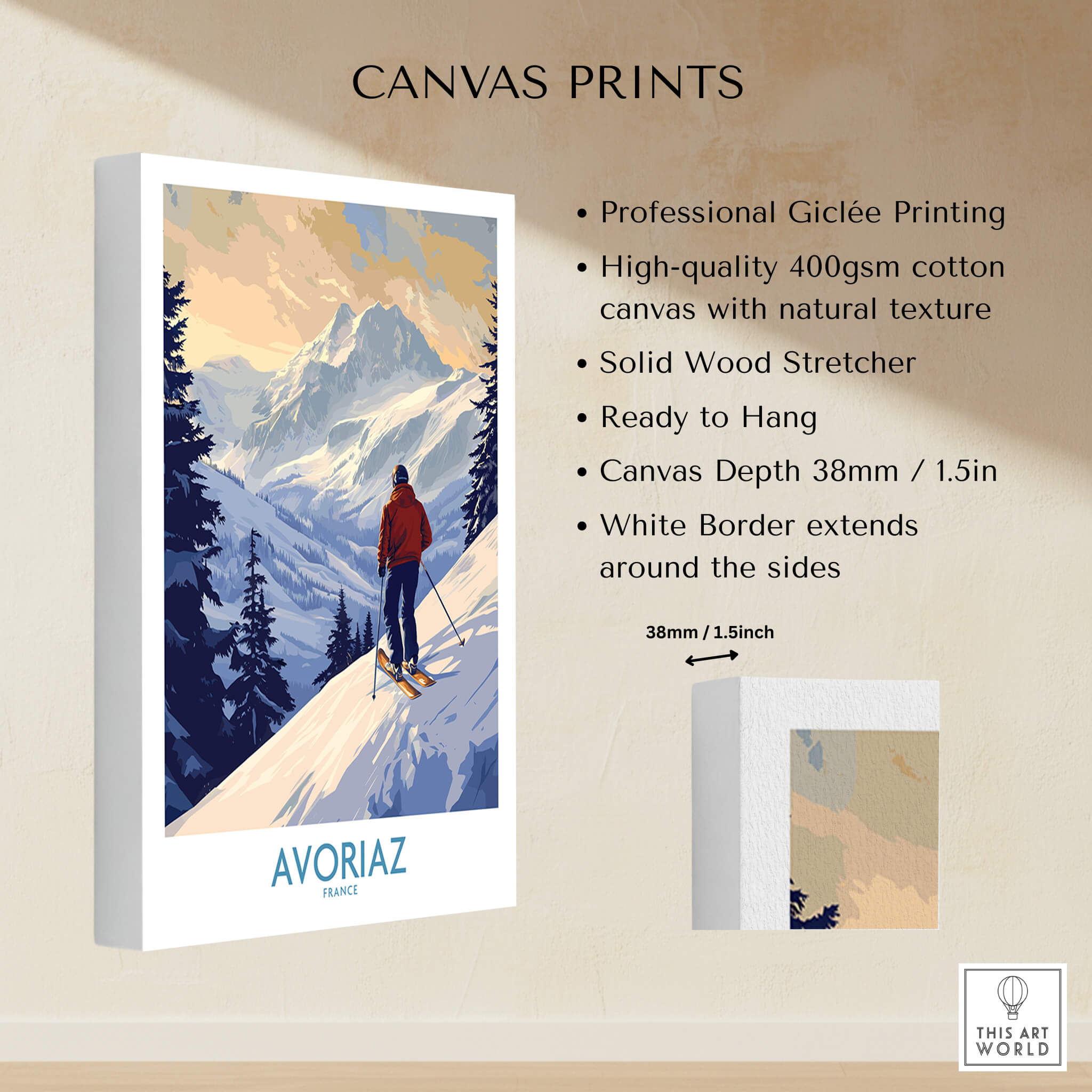 Avoriaz Ski Poster France, a high-quality canvas print showcasing a skier in the French Alps with vibrant colors and detailed design.