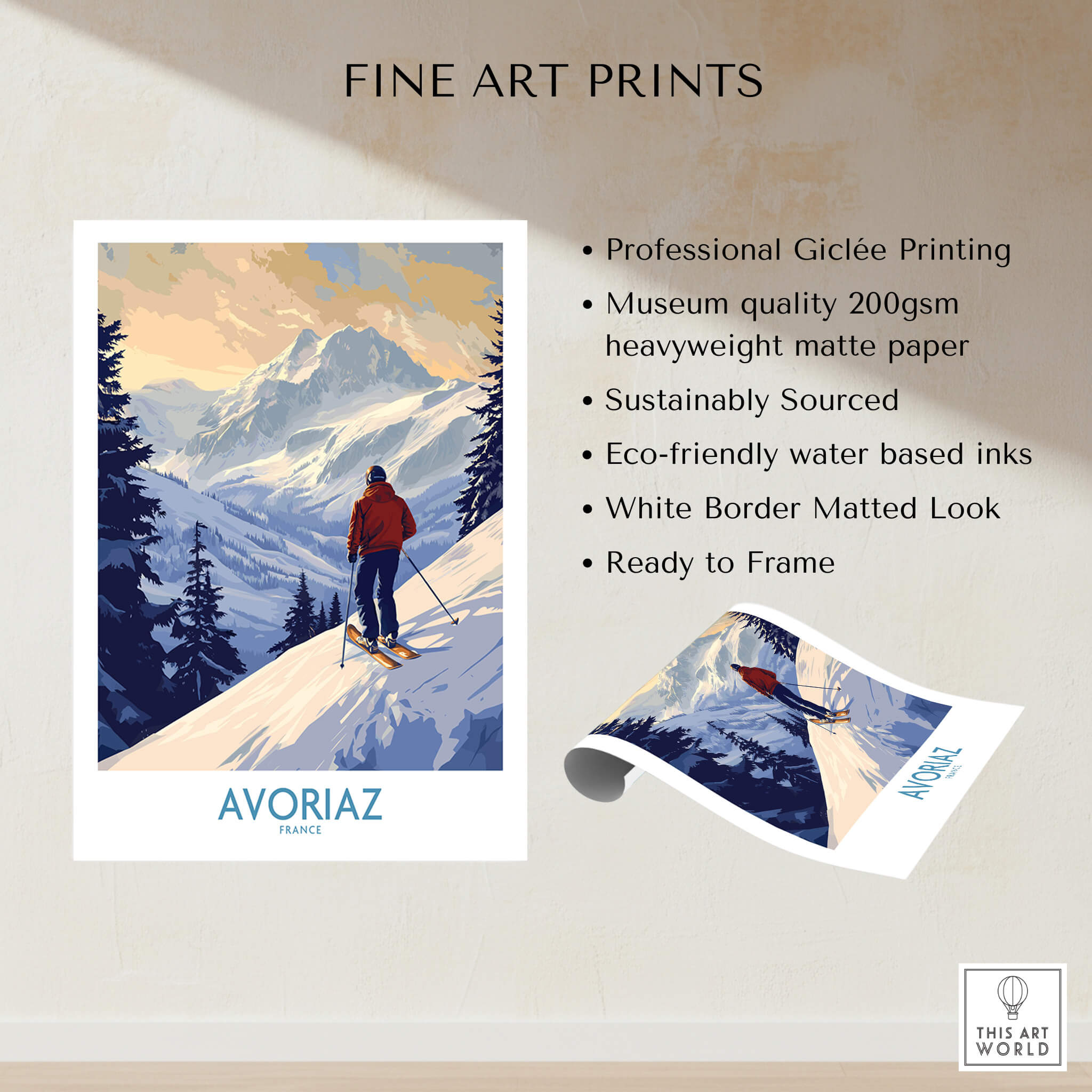 Avoriaz Ski Poster France showcasing a skier in the French Alps with mountainous background and vibrant colors.