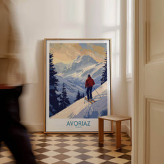 Avoriaz Ski Poster France showcasing a skier against a stunning alpine backdrop in a cozy interior setting.