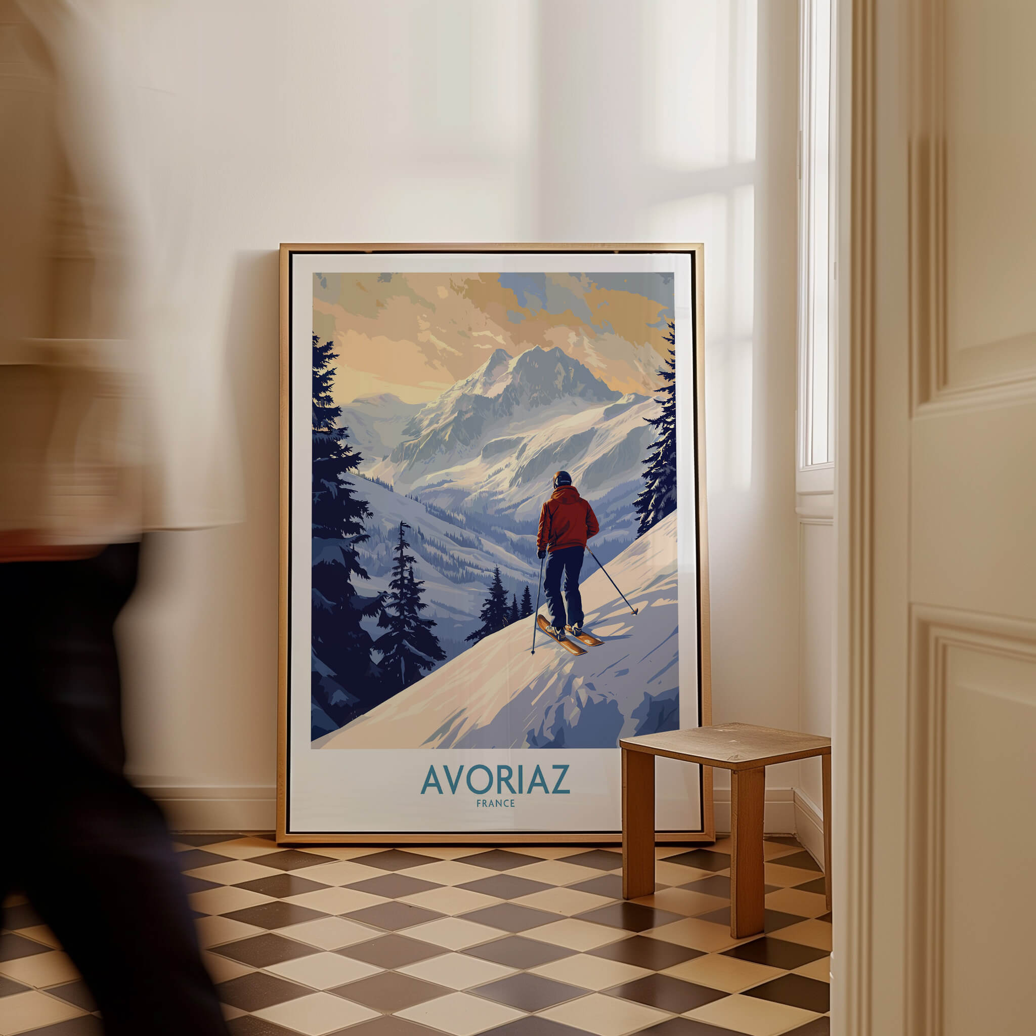 Avoriaz Ski Poster France showcasing a skier against a stunning alpine backdrop in a cozy interior setting.