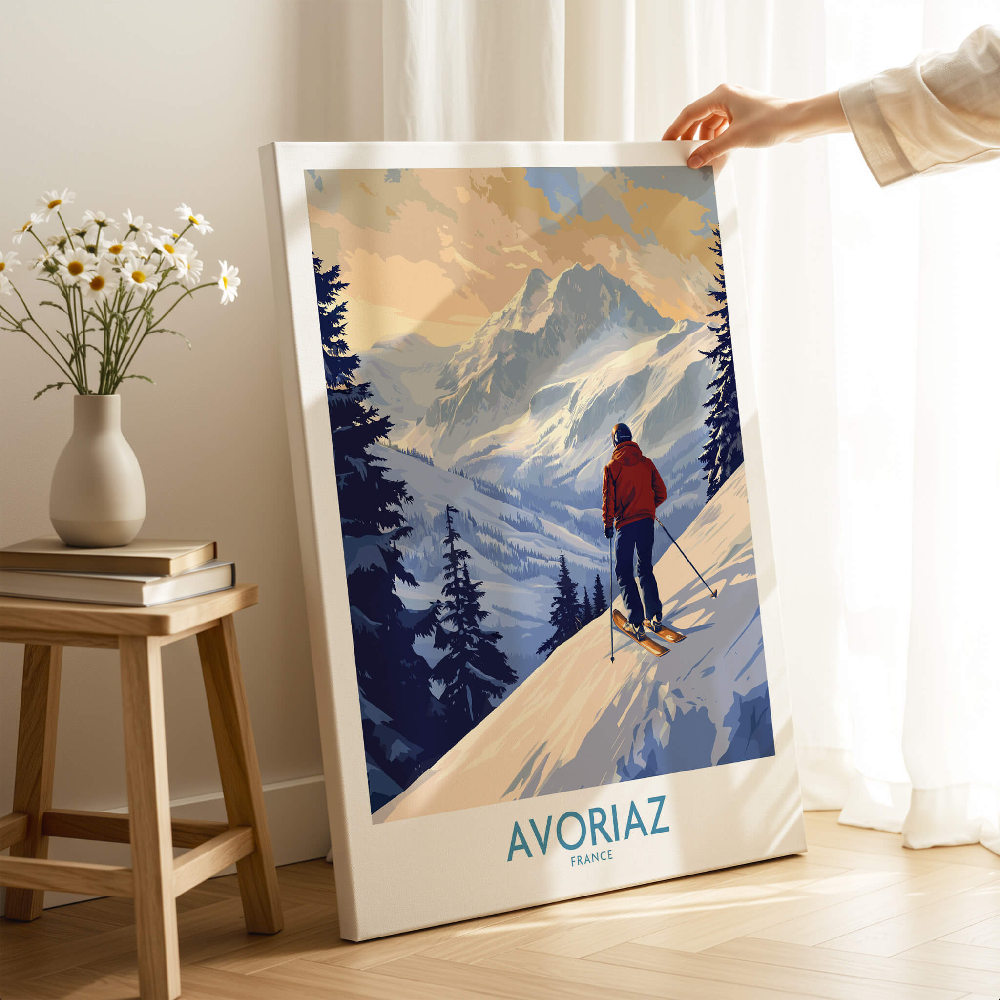 Avoriaz Ski Poster France featuring a skier on the slopes of the French Alps with stunning mountain views.