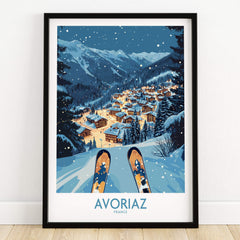 Avoriaz France Art Print | Ski Poster featuring a scenic winter landscape with skis and a charming alpine village.