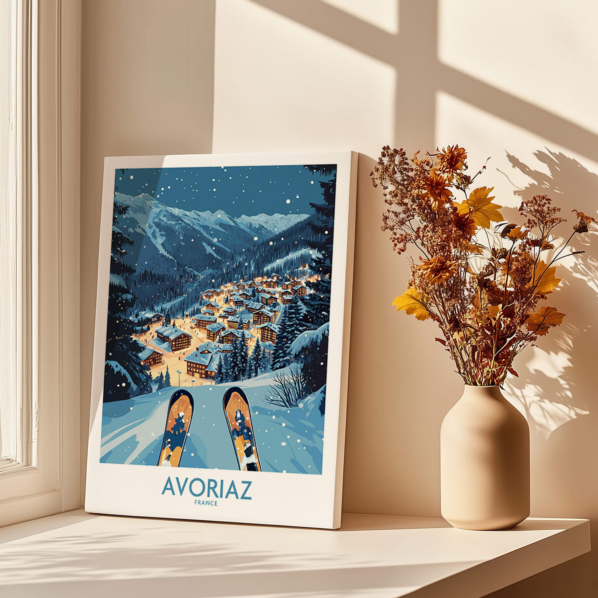 Avoriaz France Art Print | Ski Poster showcasing a snow-covered mountain village and skis in the foreground.