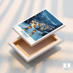 Avoriaz France Art Print | Ski Poster artwork displayed on a white box, depicting a scenic winter landscape.