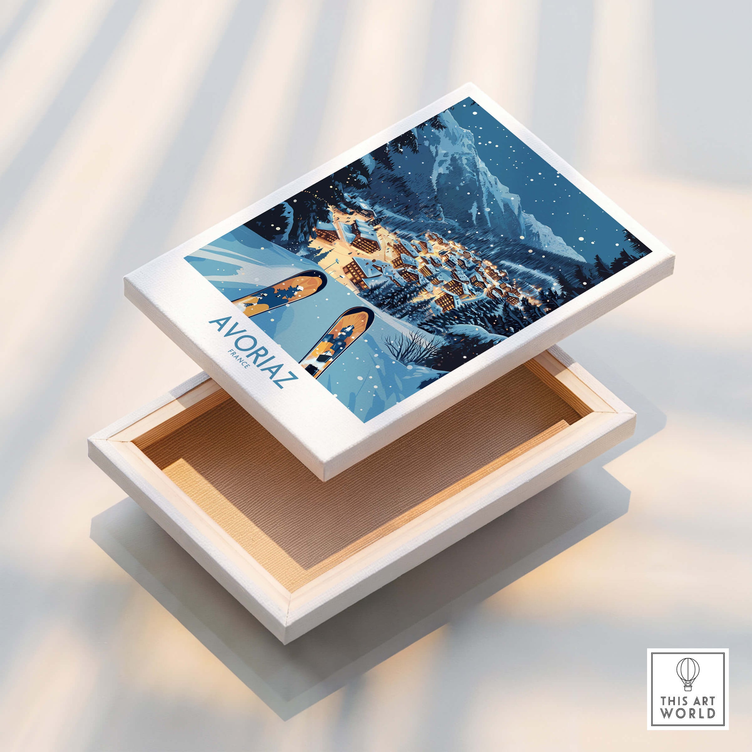 Avoriaz France Art Print | Ski Poster artwork displayed on a white box, depicting a scenic winter landscape.