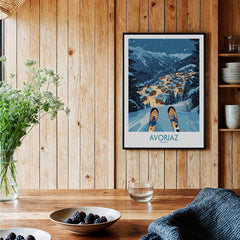 Avoriaz France Art Print | Ski Poster showcasing a scenic winter landscape and vibrant alpine village in a cozy home setting.