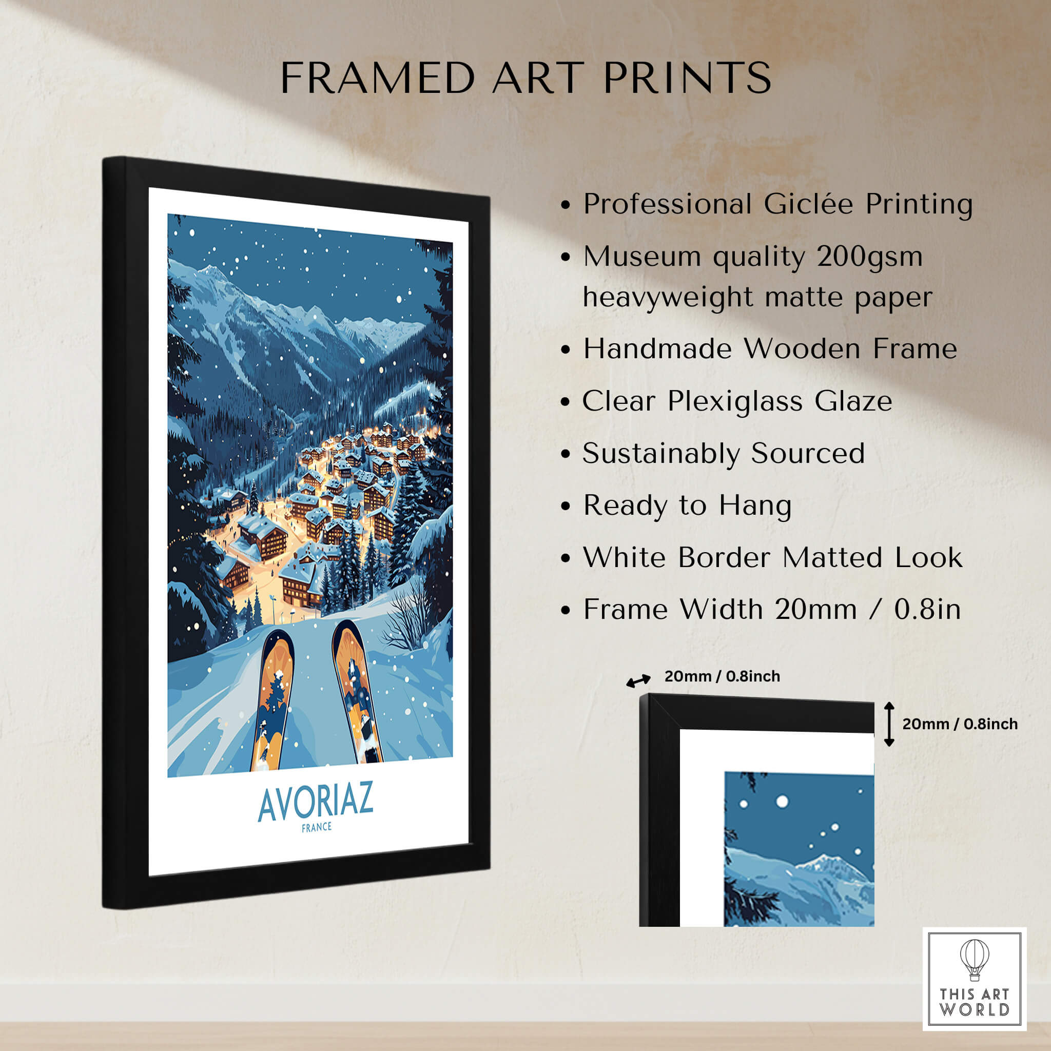 Avoriaz France Art Print | Ski Poster framed with professional printing and a scenic winter landscape.