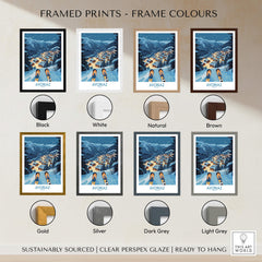 Avoriaz France Art Print | Ski Poster displayed in various frame colors including black, white, natural, brown, gold, and silver.