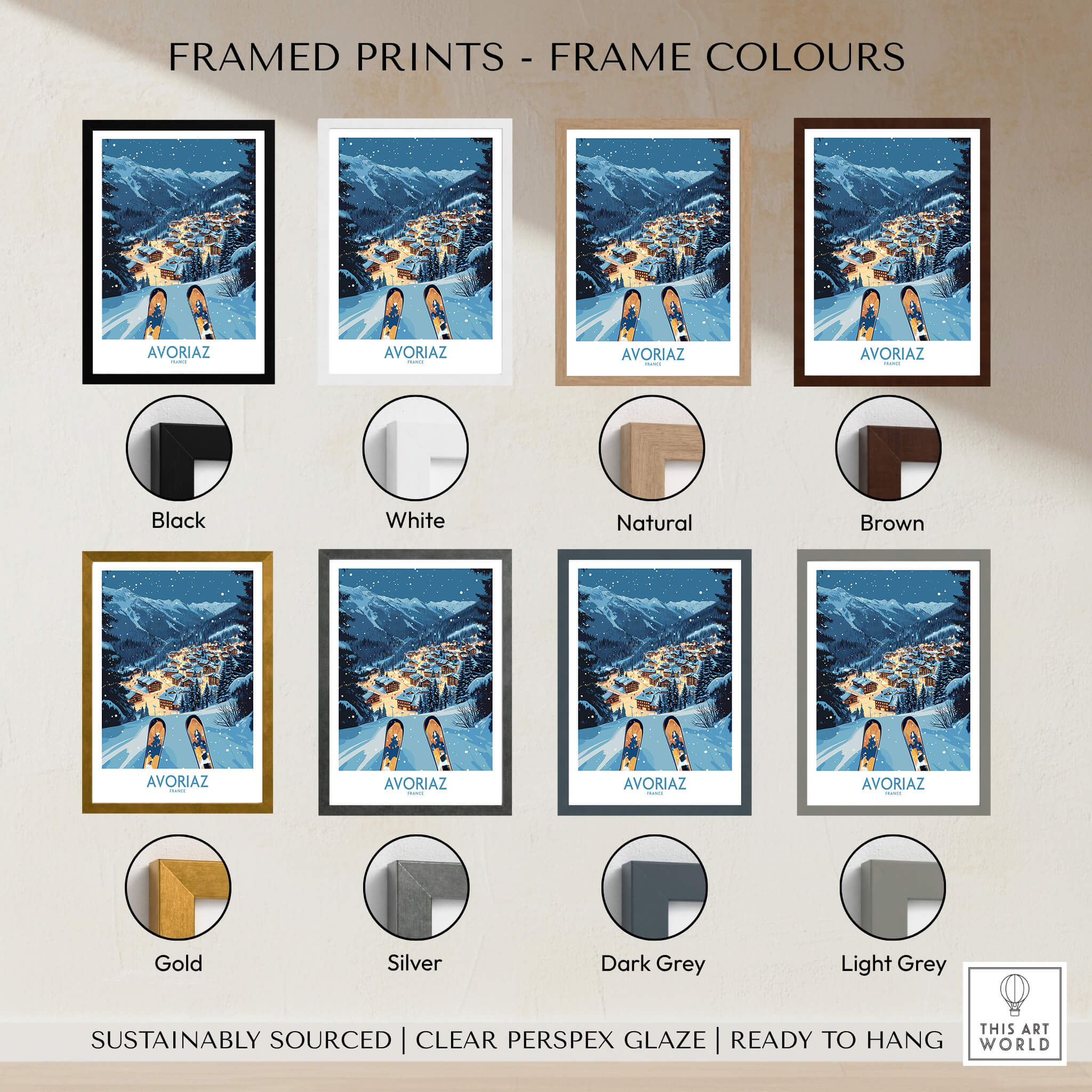 Avoriaz France Art Print | Ski Poster displayed in various frame colors including black, white, natural, brown, gold, and silver.