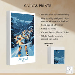 Avoriaz France Art Print | Ski Poster showcasing a scenic winter landscape with skis and a charming mountain village.