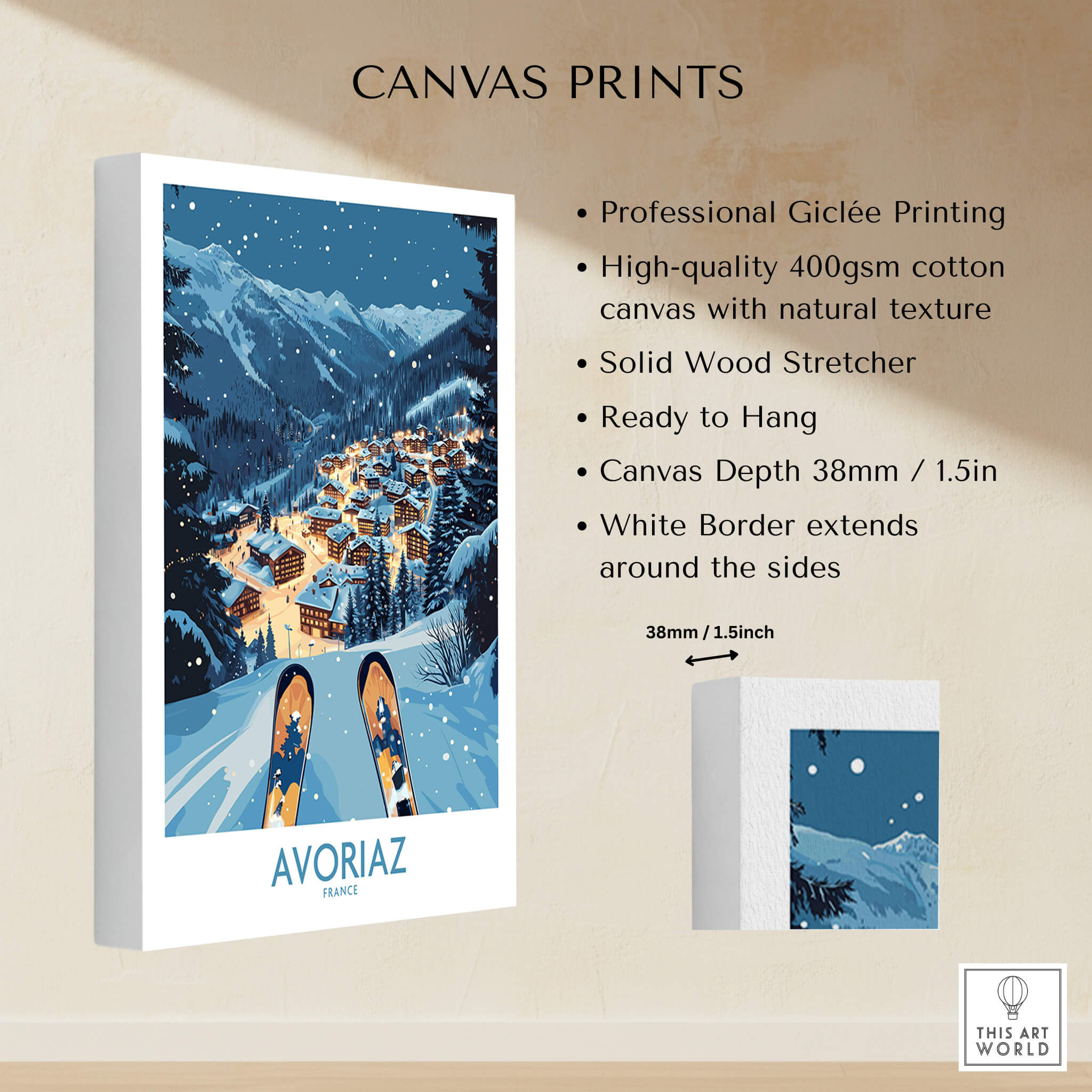 Avoriaz France Art Print | Ski Poster showcasing a scenic winter landscape with skis and a charming mountain village.
