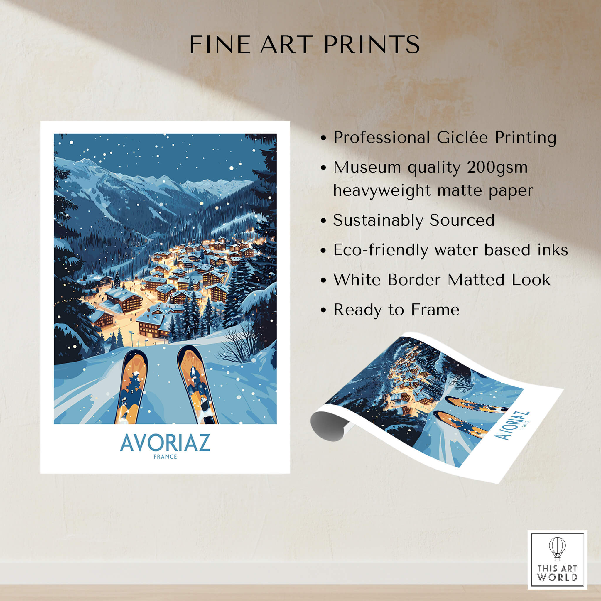 Avoriaz France Art Print | Ski Poster showcasing scenic winter landscape and ski equipment.